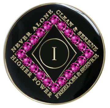 CLEAN Time NA Medallion Black w/Hot Pink Crystals Yrs 1-40