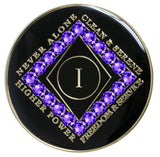CLEAN Time NA Medallion Black w/Purple Crystals Yrs 1-40