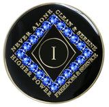 CLEAN Time NA Medallion Black w/Blue Crystals Yrs 1-40