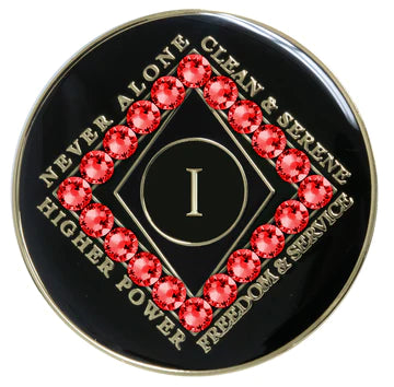 CLEAN Time NA Medallion Black w/Red Crystals Yrs 1-40