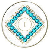 CLEAN Time NA Medallion White w/Turquoise Crystals Yrs 1-40