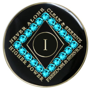 CLEAN Time NA Medallion Black w/Turquoise Crystals Yrs 1-40