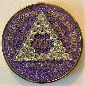 31 Year AA Medallion Glitter Purple w White Crystals Clearance