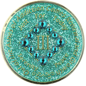 N15. NA Medallion Glitter Turquoise Coin w Turquoise Bling Crystals (Yrs 1-40)