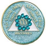 A26a: Fancy AA Medallion Glitter Turquoise w Turq Circle Crystals (Yrs 1-50)