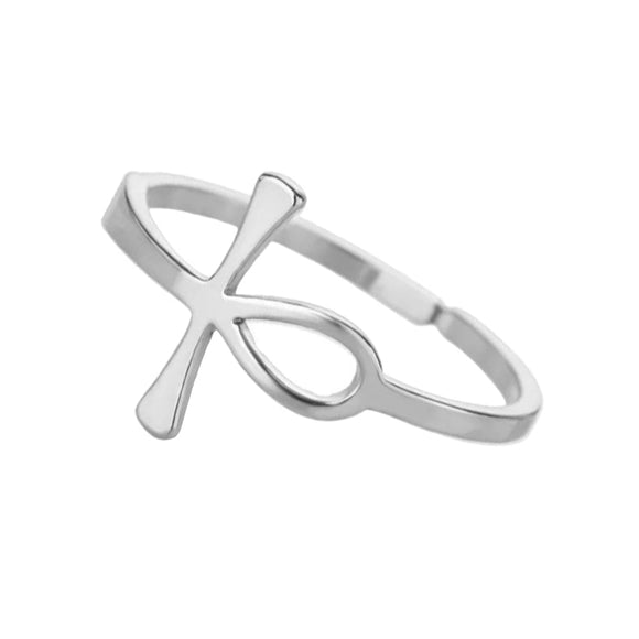 Silver ring with ankh cross symbol  on a white background