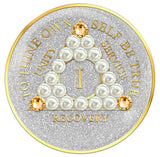 A92c: AA Medallion Glitter Silver w/White Pearls & Gold Crystals (Yrs 1-40)