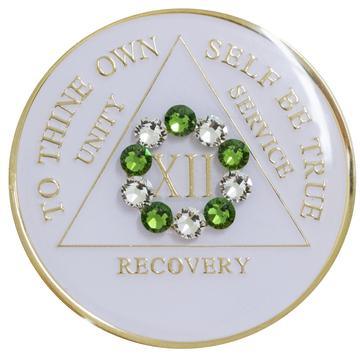 A03d: AA Medallion White w Green White Circle Crystals (Years 1-40) at Your Serenity Store