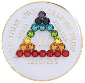 A04c: AA Medallion White Chip w Chakra Crystals Yrs 1-40 at Your Serenity Store