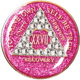 A06: AA Medallion Glitter Pink Coin w White Crystals (Yrs 1-60) at Your Serenity Store