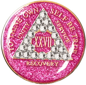 A06: AA Medallion Glitter Pink Coin w White Crystals (Yrs 1-60) at Your Serenity Store