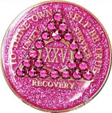 A07: AA Medallion Glitter Pink Coin w Pink Crystals (Yrs 1-60) at Your Serenity Store