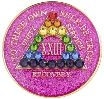 A08: AA Medallion Glitter Pink Coin w Rainbow Crystals (Yrs 1-60) at Your Serenity Store