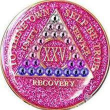 A08a: AA Medallion Glitter Pink Coin w/Pink Transition Crystals (Yrs 1-60) at Your Serenity Store