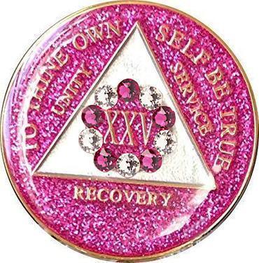 A09: Fancy AA Medallion Glitter Pink Coin w White-Pink Circle Crystals (Yrs 1-60) at Your Serenity Store