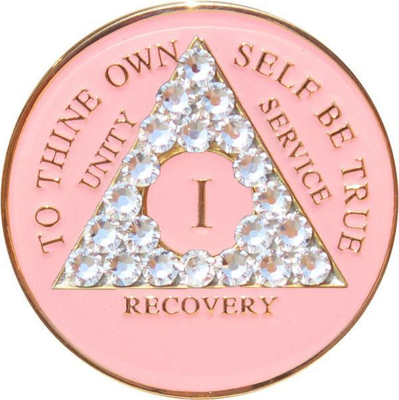 A12e: Fancy AA Medallion Soft Pink Coin w/White Crystals (Years 1-45) at Your Serenity Store