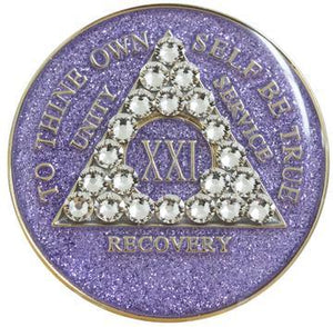A14: AA Newcomer Medallion Glitter Lavender w White Crystals (24Hr, Months) at Your Serenity Store