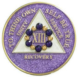 A17b: AA Medallion Glitter Lavender w Gold/Pur Circle Bloom Crystals (Yrs 1-50) at Your Serenity Store