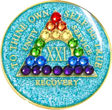 A25: AA Medallion Glitter Turquoise w Rainbow Crystals (Yrs 1-50)