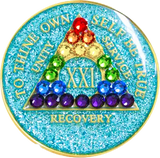 A25: AA Medallion Glitter Turquoise w Rainbow Crystals (Yrs 1-50) - Your Serenity Store
