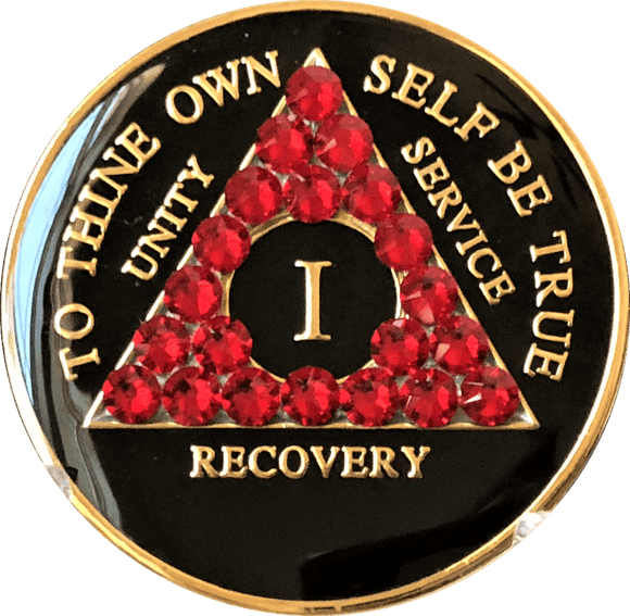 A61aR. AA Medallion Black Chip w Red Crystals (Yrs 1-60) at Your Serenity Store