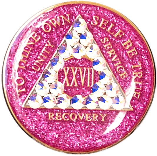 Glitter Pink Circle Triangle AA Coin with AB Bling (Yrs 1-60)  A05. at Your Serenity Store