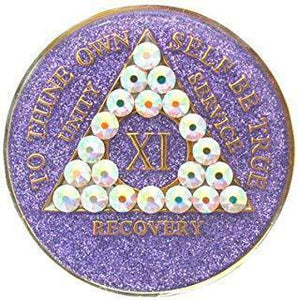 Glitter Purple Circle Triangle AA Coin with Bling AB Crystals (Yrs 1-60)  A13. at Your Serenity Store