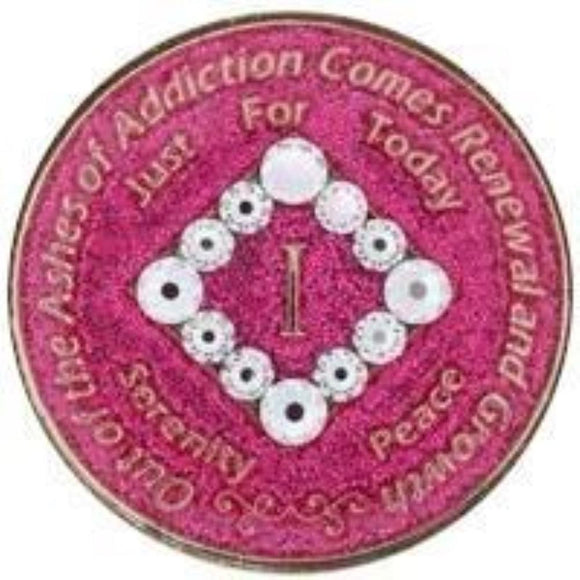 N05. NA Medallion Glitter Pink Coin w White Crystals (Yrs 2-40) at Your Serenity Store