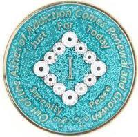 N14. NA Medallion Glitter Turquoise Coin w White Bling Crystals (Yrs 1-40) at Your Serenity Store