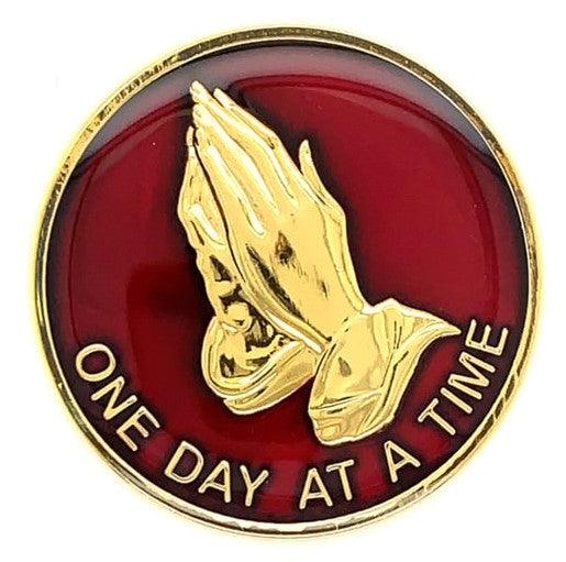 Premium One Day at a Time Praying Hands Recovery Medallion in Multiple Colors at Your Serenity Store