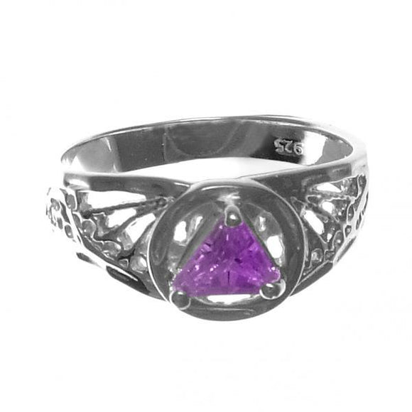 R120-7.  AA Sterling Silver Filigree Ring w/Purple Amethyst CZ Triangle at Your Serenity Store